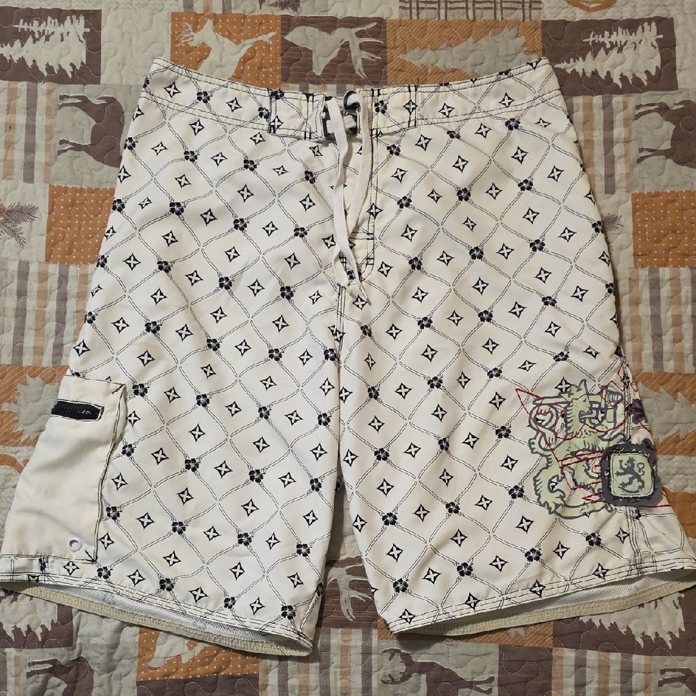 White and Black Graphic Men Swim Shorts